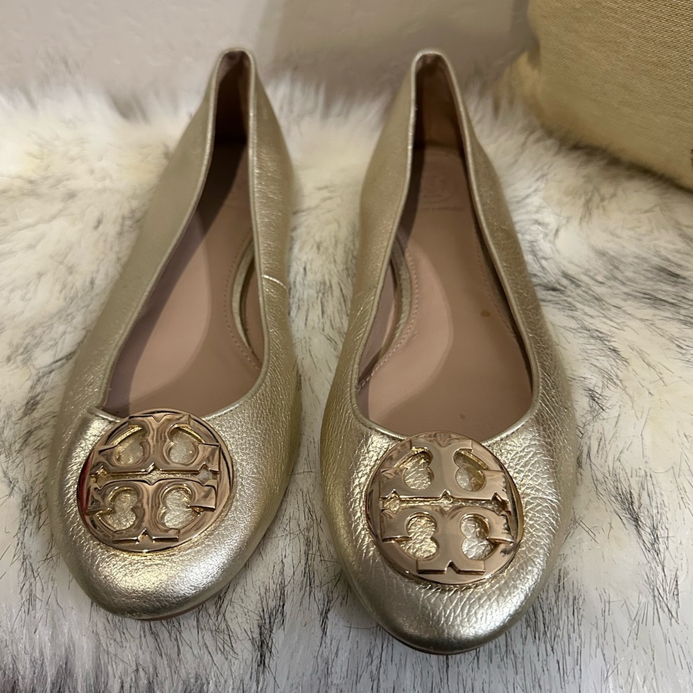 Gorgeous Tory Burch gold metallic tumbled leather Claire ballet flats SZ 7 1/2"